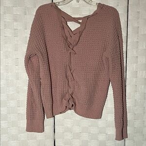 Moral Fiber Women's Pink V-Neck Sweater with Lace-Up Detail